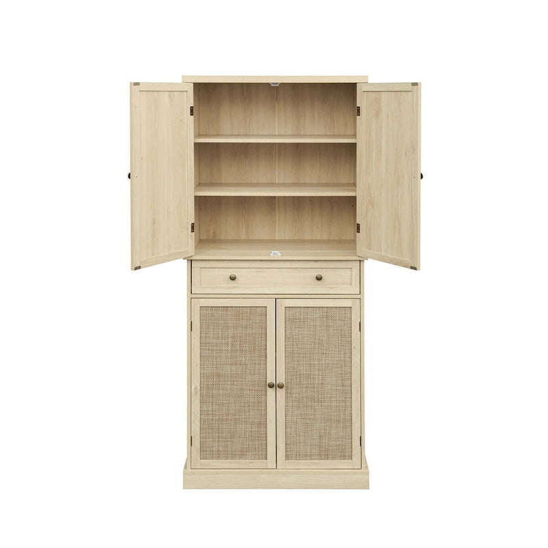 Meuble de rangement haut avec 4 portes en rotin, 1 tiroir et étagères réglables, naturel et noyer