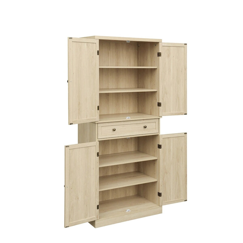 Meuble de rangement haut avec 4 portes en rotin, 1 tiroir et étagères réglables, naturel et noyer