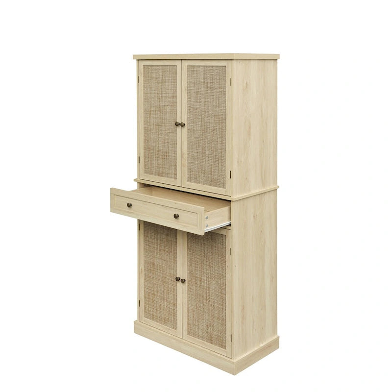 Meuble de rangement haut avec 4 portes en rotin, 1 tiroir et étagères réglables, naturel et noyer