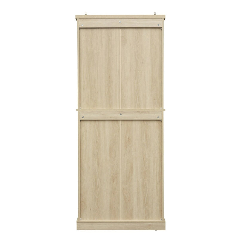 Meuble de rangement haut avec 4 portes en rotin, 1 tiroir et étagères réglables, naturel et noyer