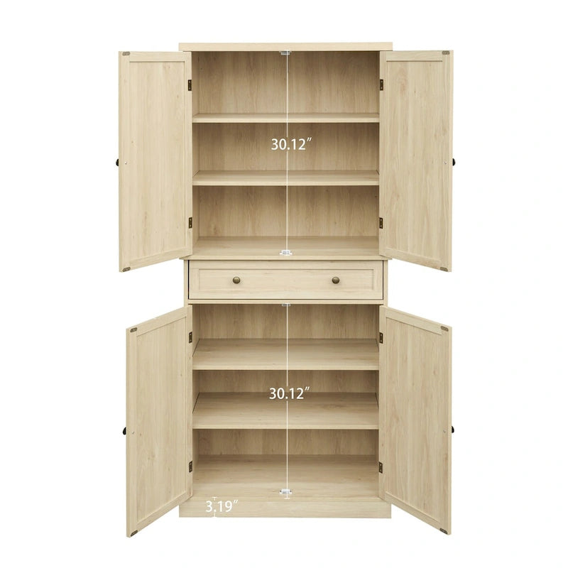 Meuble de rangement haut avec 4 portes en rotin, 1 tiroir et étagères réglables, naturel et noyer