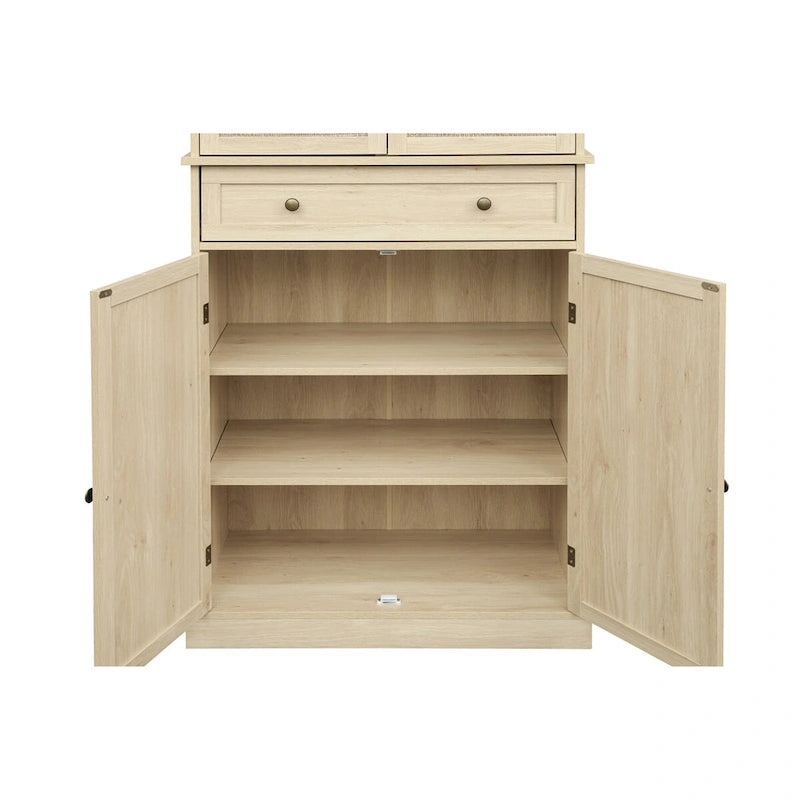 Meuble de rangement haut avec 4 portes en rotin, 1 tiroir et étagères réglables, naturel et noyer