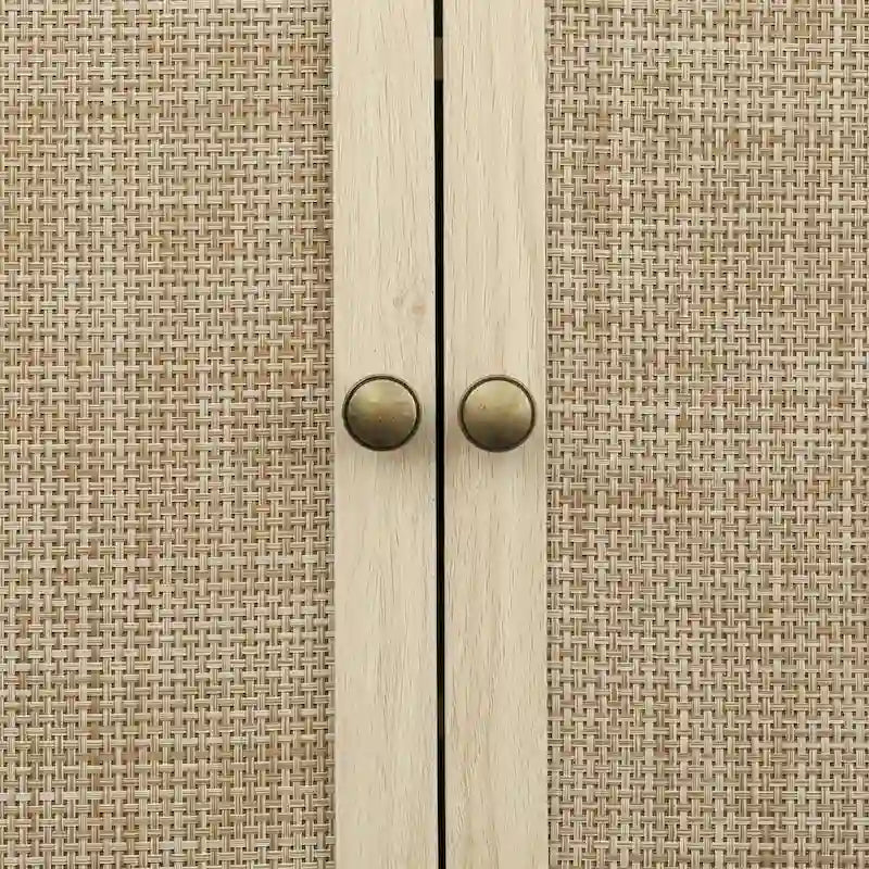 Meuble de rangement haut avec 4 portes en rotin, 1 tiroir et étagères réglables, naturel et noyer