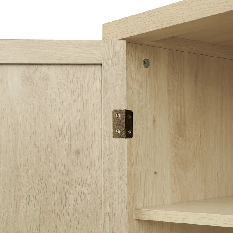 Meuble de rangement haut avec 4 portes en rotin, 1 tiroir et étagères réglables, naturel et noyer