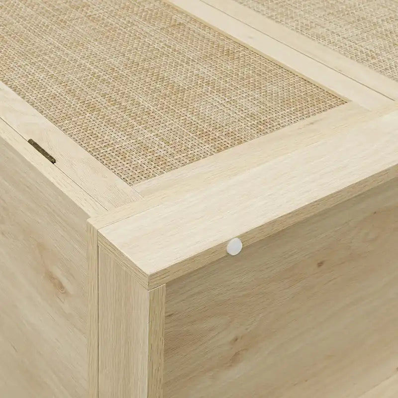 Meuble de rangement haut avec 4 portes en rotin, 1 tiroir et étagères réglables, naturel et noyer