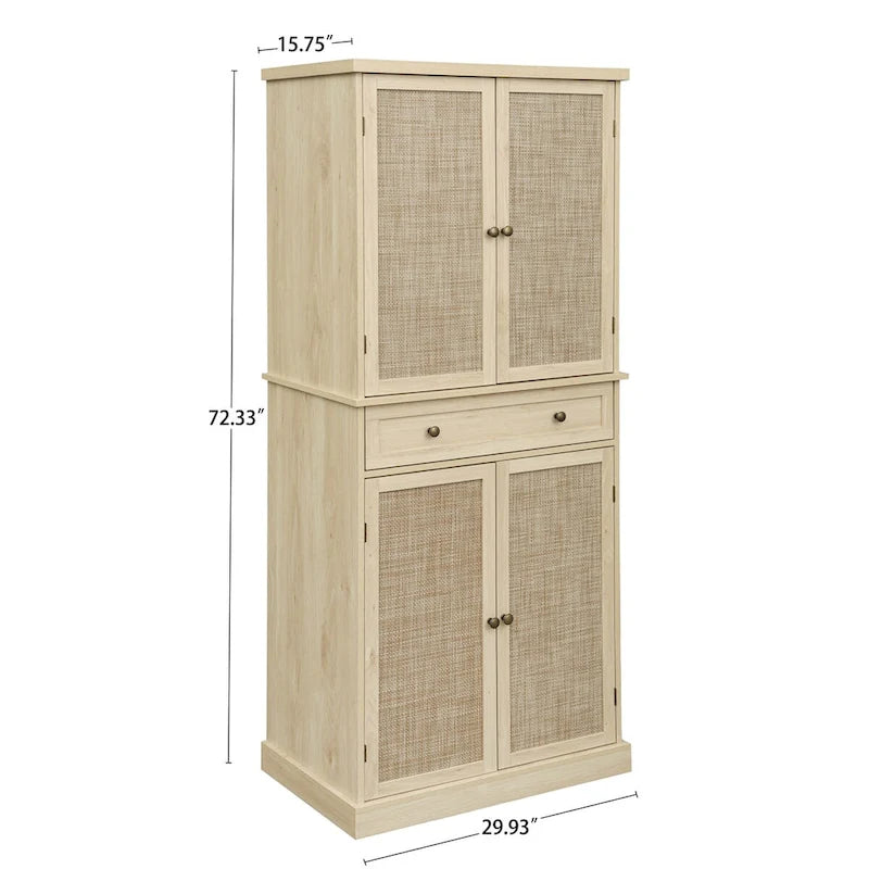 Meuble de rangement haut avec 4 portes en rotin, 1 tiroir et étagères réglables, naturel et noyer