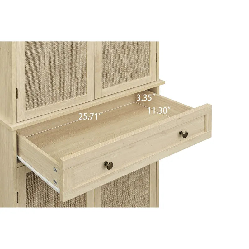 Meuble de rangement haut avec 4 portes en rotin, 1 tiroir et étagères réglables, naturel et noyer