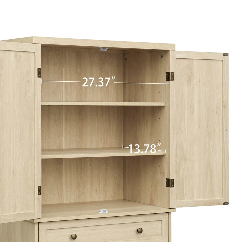 Meuble de rangement haut avec 4 portes en rotin, 1 tiroir et étagères réglables, naturel et noyer