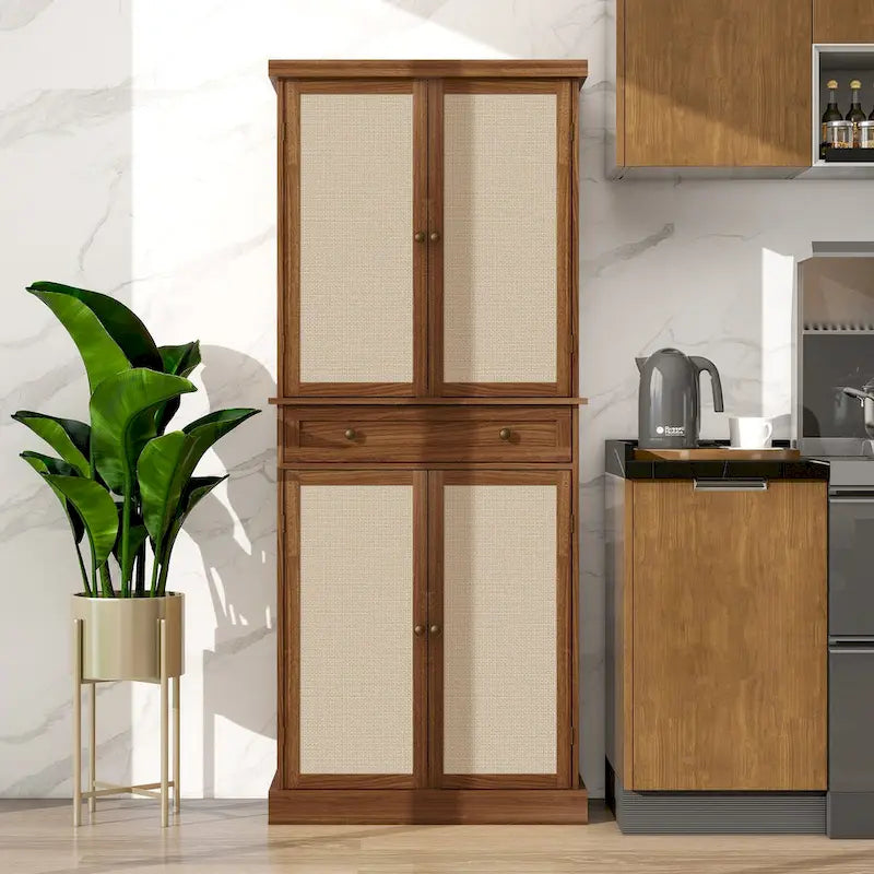 Meuble de rangement haut avec 4 portes en rotin, 1 tiroir et étagères réglables, naturel et noyer