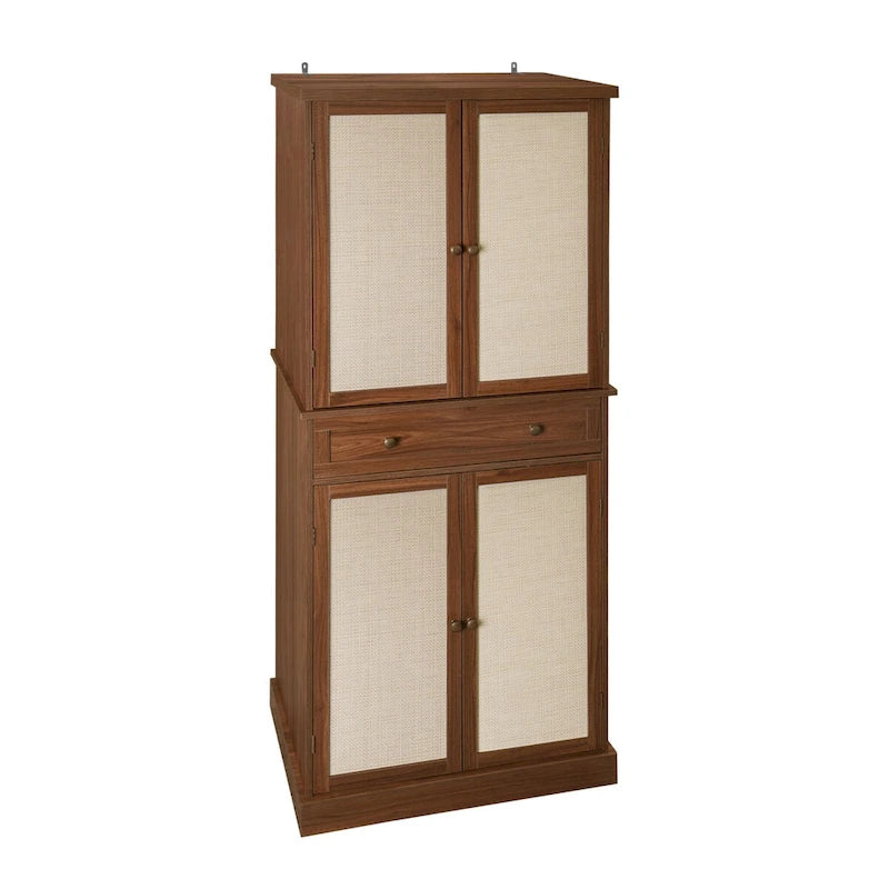Meuble de rangement haut avec 4 portes en rotin, 1 tiroir et étagères réglables, naturel et noyer