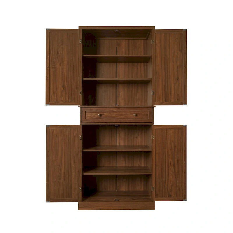 Meuble de rangement haut avec 4 portes en rotin, 1 tiroir et étagères réglables, naturel et noyer