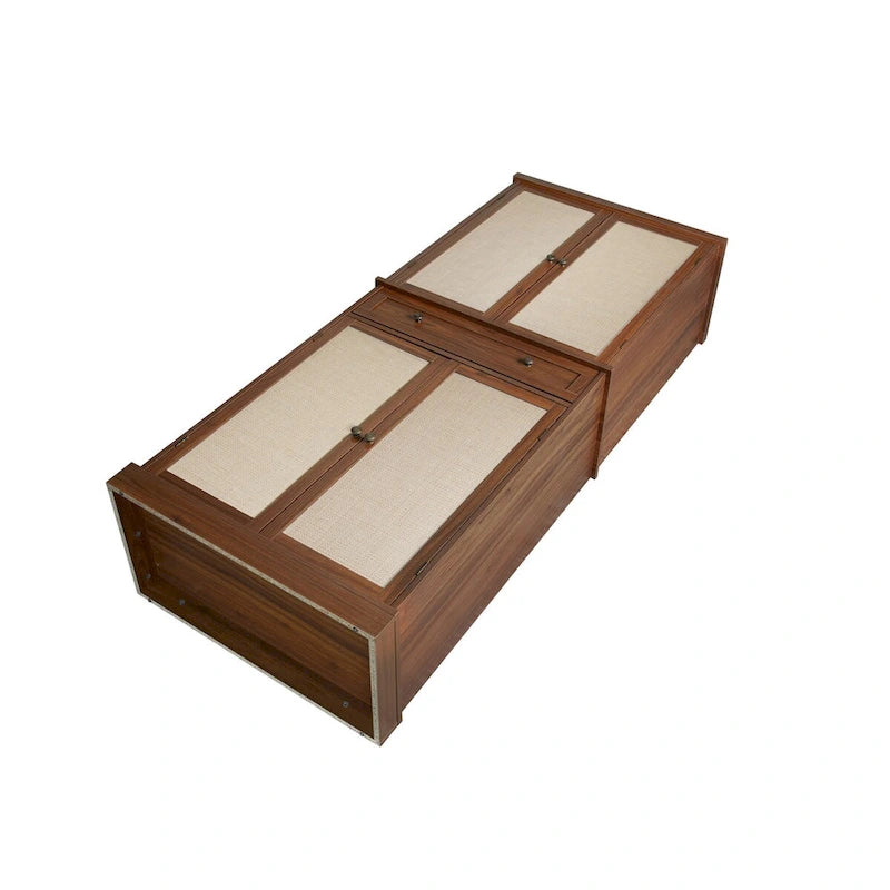 Meuble de rangement haut avec 4 portes en rotin, 1 tiroir et étagères réglables, naturel et noyer
