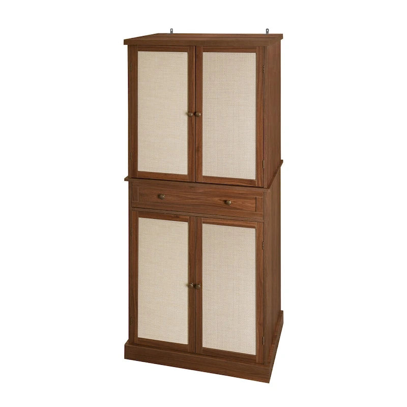 Meuble de rangement haut avec 4 portes en rotin, 1 tiroir et étagères réglables, naturel et noyer