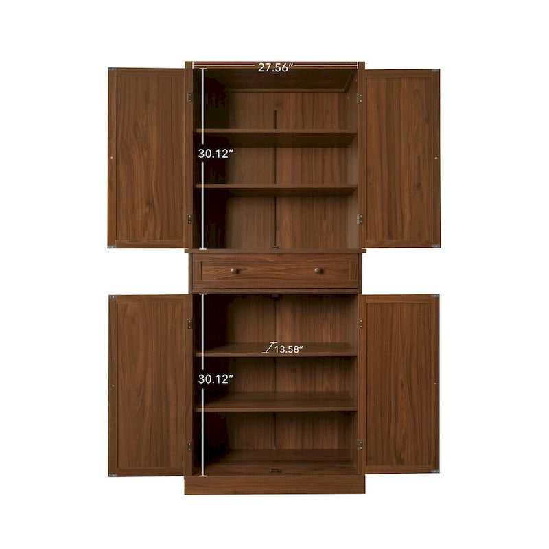 Meuble de rangement haut avec 4 portes en rotin, 1 tiroir et étagères réglables, naturel et noyer