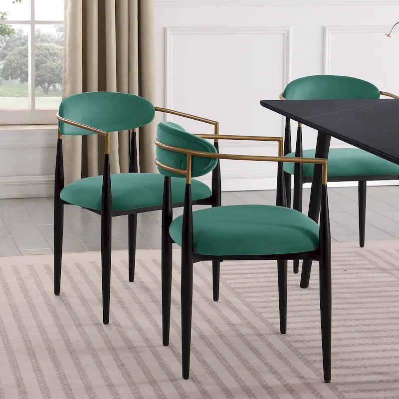 Chaise de salle à manger contemporaine rembourrée avec accoudoirs et structure en métal noir et or