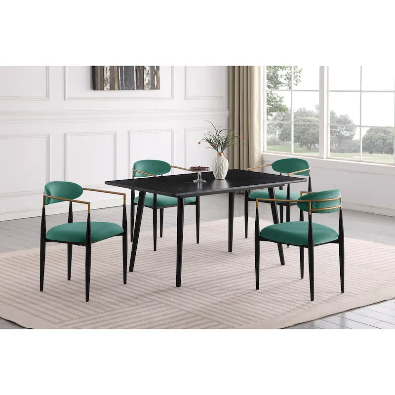 Chaise de salle à manger contemporaine rembourrée avec accoudoirs et structure en métal noir et or