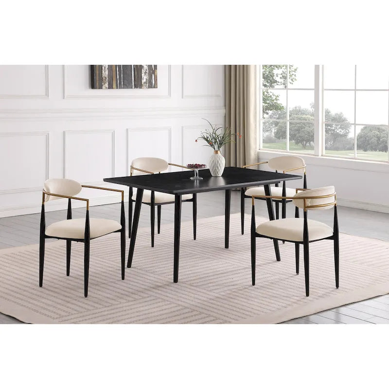 Chaise de salle à manger contemporaine rembourrée avec accoudoirs et structure en métal noir et or