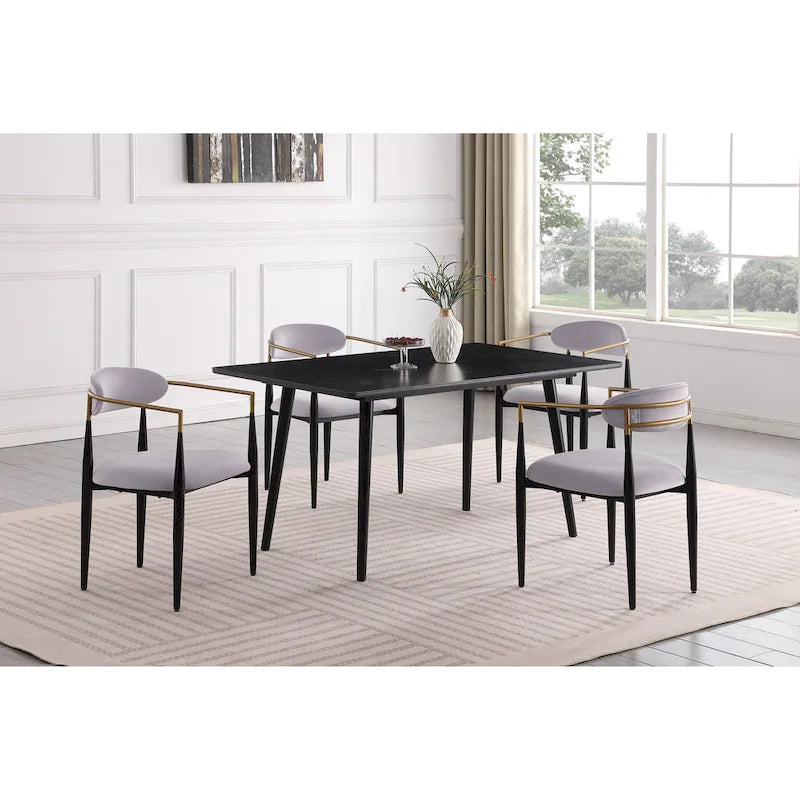 Chaise de salle à manger contemporaine rembourrée avec accoudoirs et structure en métal noir et or