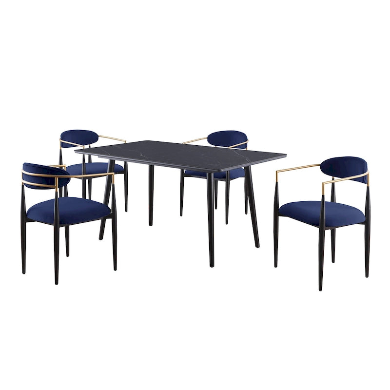 Chaise de salle à manger contemporaine rembourrée avec accoudoirs et structure en métal noir et or