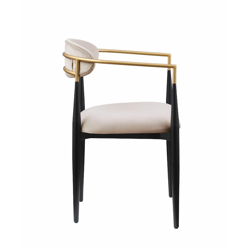 Chaise de salle à manger contemporaine rembourrée avec accoudoirs et structure en métal noir et or