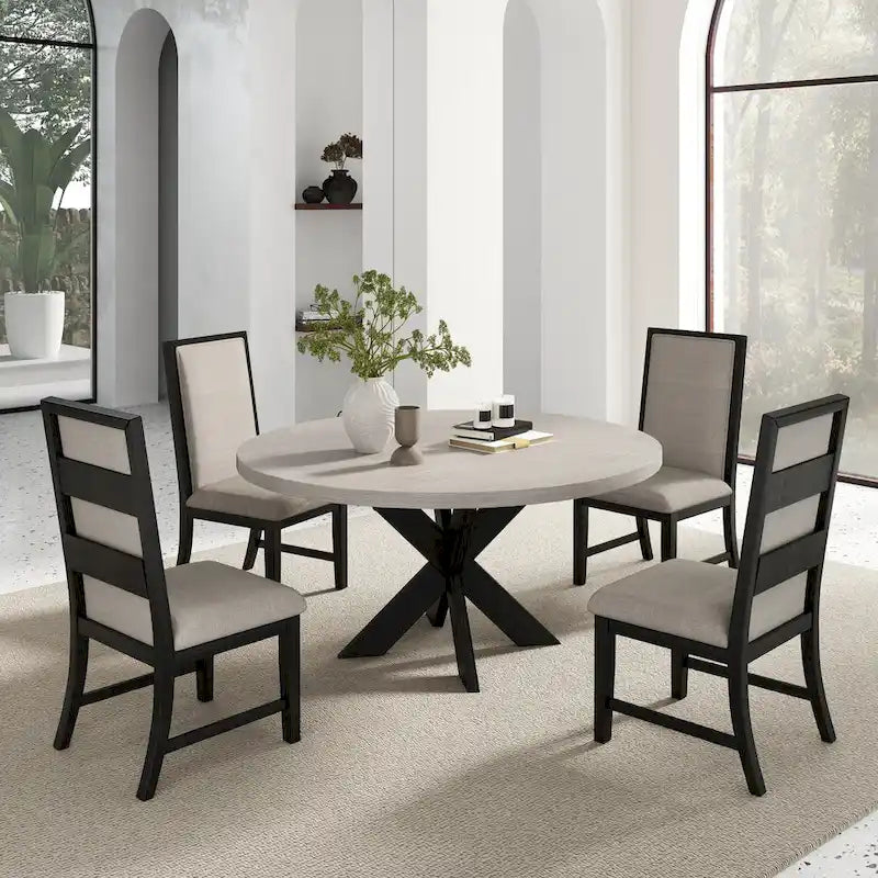 Table à manger ronde avec piètement croisé et plateau en MDF gris clair