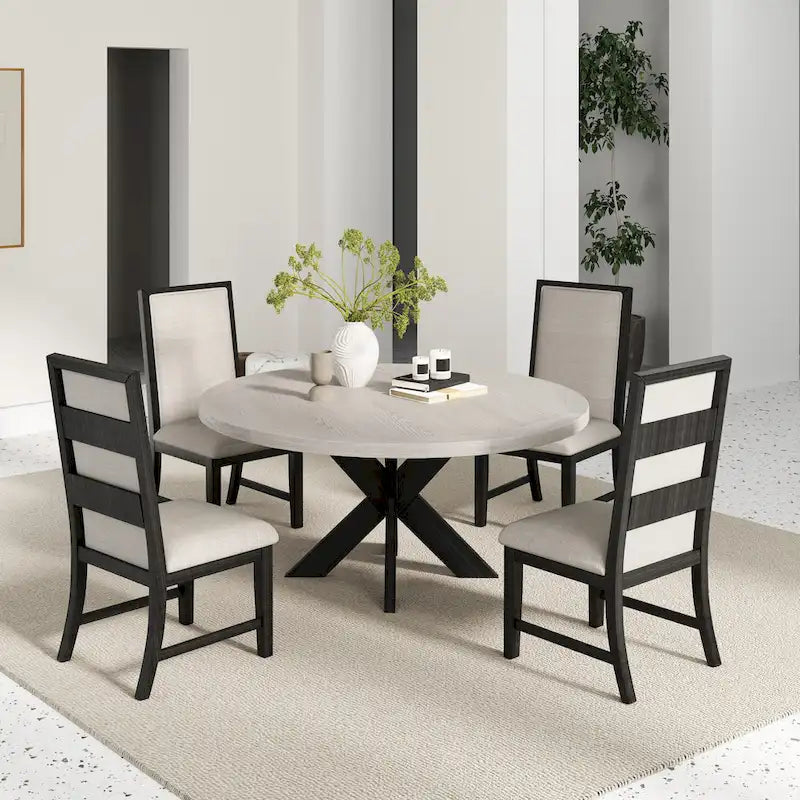 Table à manger ronde avec piètement croisé et plateau en MDF gris clair