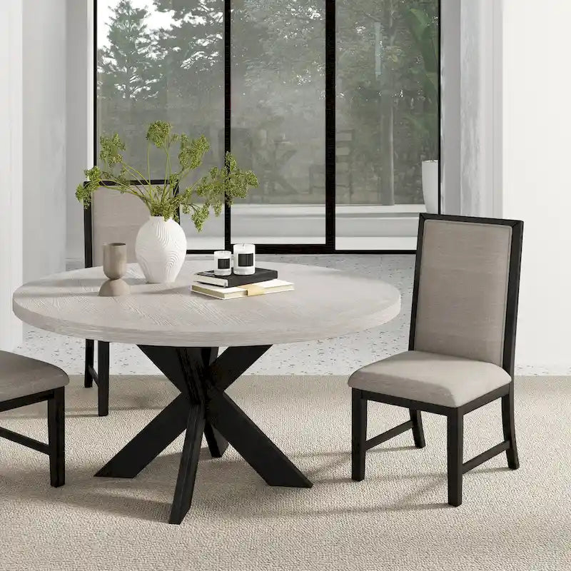 Table à manger ronde avec piètement croisé et plateau en MDF gris clair