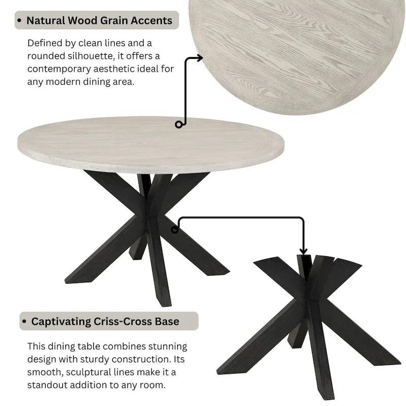 Table à manger ronde avec piètement croisé et plateau en MDF gris clair