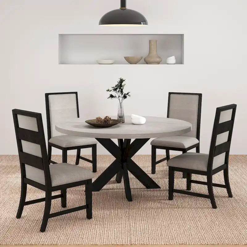 Table à manger ronde avec piètement croisé et plateau en MDF gris clair