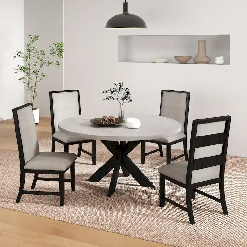 Table à manger ronde avec piètement croisé et plateau en MDF gris clair