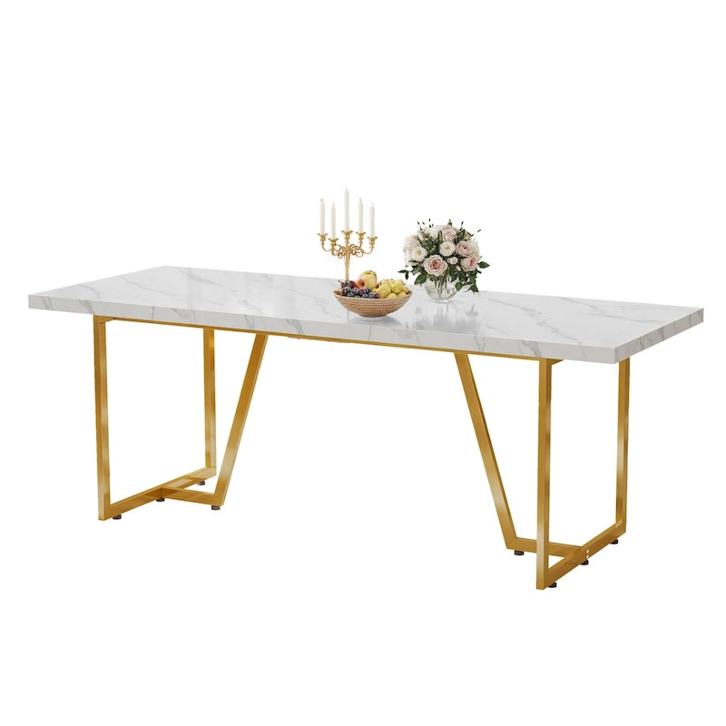Grande table de salle à manger rectangulaire en faux marbre avec pieds en métal doré, blanc