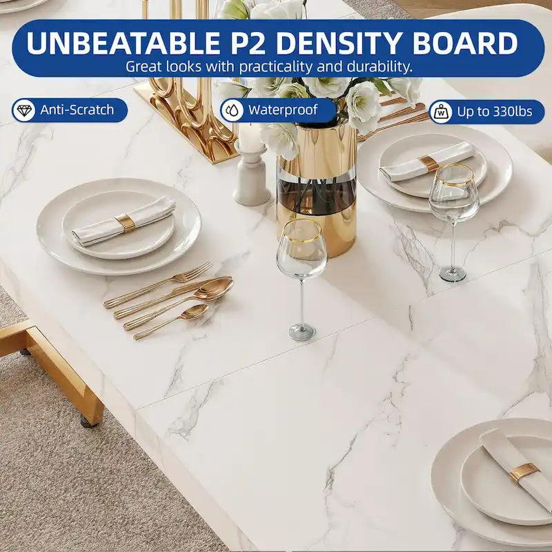 Grande table de salle à manger rectangulaire en faux marbre avec pieds en métal doré, blanc