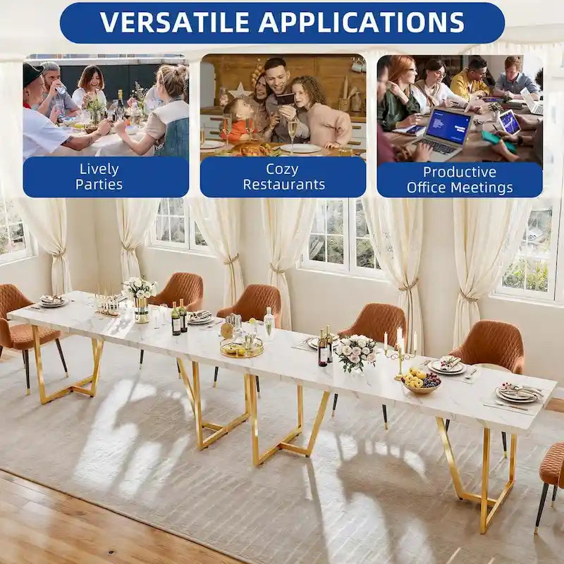 Grande table de salle à manger rectangulaire en faux marbre avec pieds en métal doré, blanc