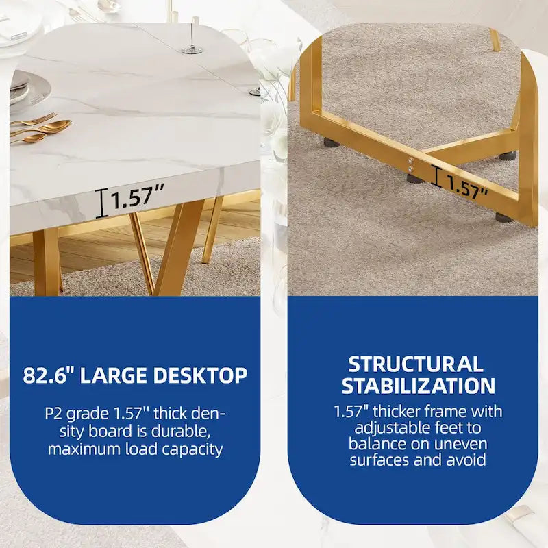 Grande table de salle à manger rectangulaire en faux marbre avec pieds en métal doré, blanc