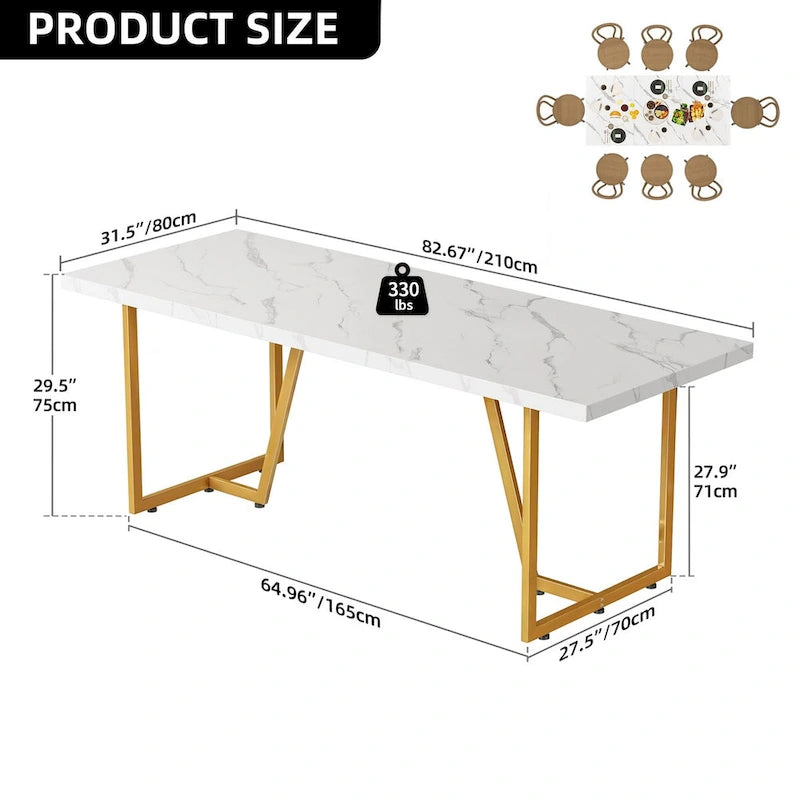 Grande table de salle à manger rectangulaire en faux marbre avec pieds en métal doré, blanc