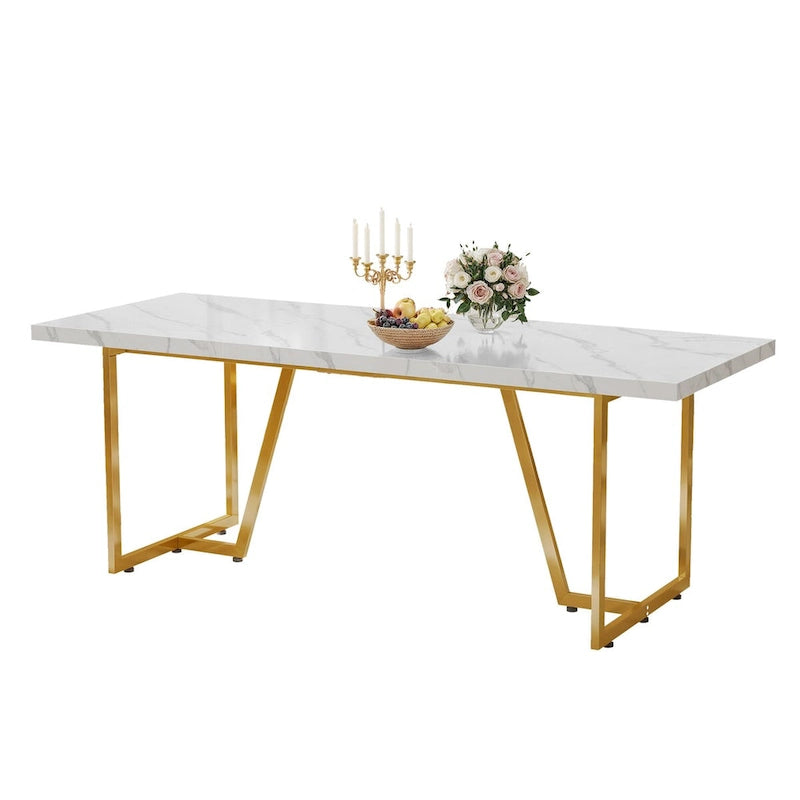 Grande table de salle à manger rectangulaire en faux marbre avec pieds en métal doré, blanc