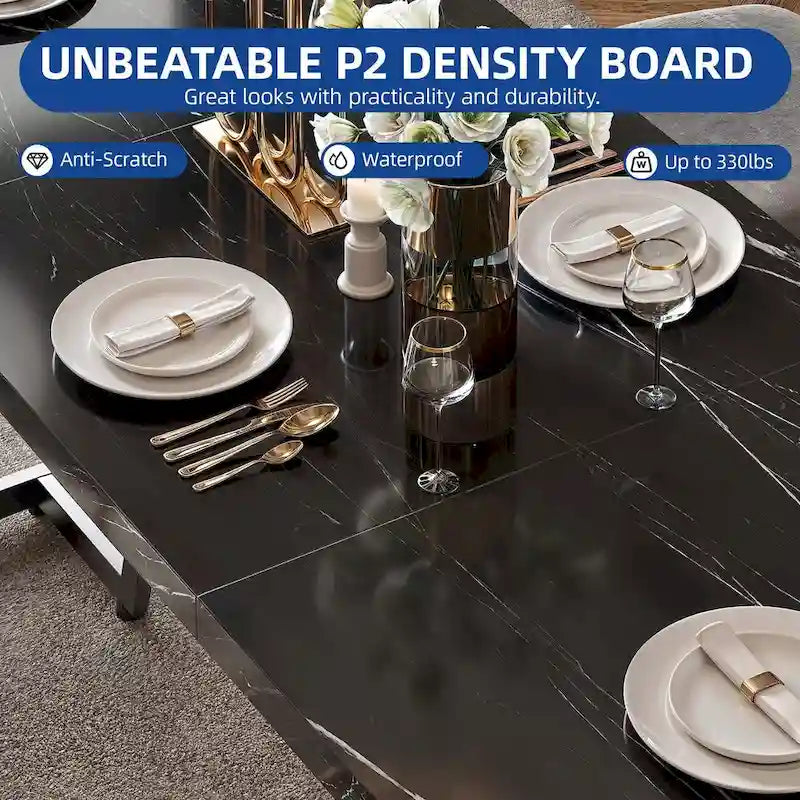 Grande table de salle à manger rectangulaire en faux marbre avec pieds en métal doré, blanc
