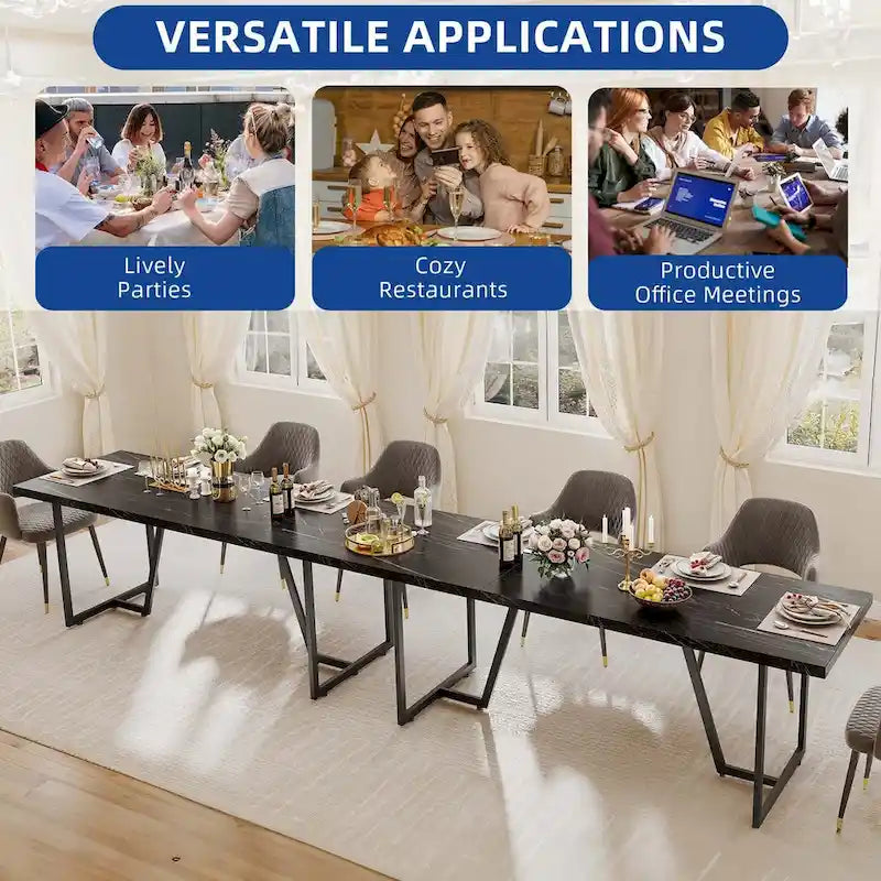 Grande table de salle à manger rectangulaire en faux marbre avec pieds en métal doré, blanc