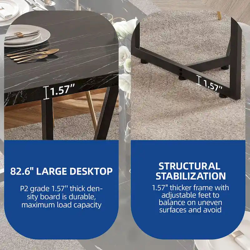 Grande table de salle à manger rectangulaire en faux marbre avec pieds en métal doré, blanc