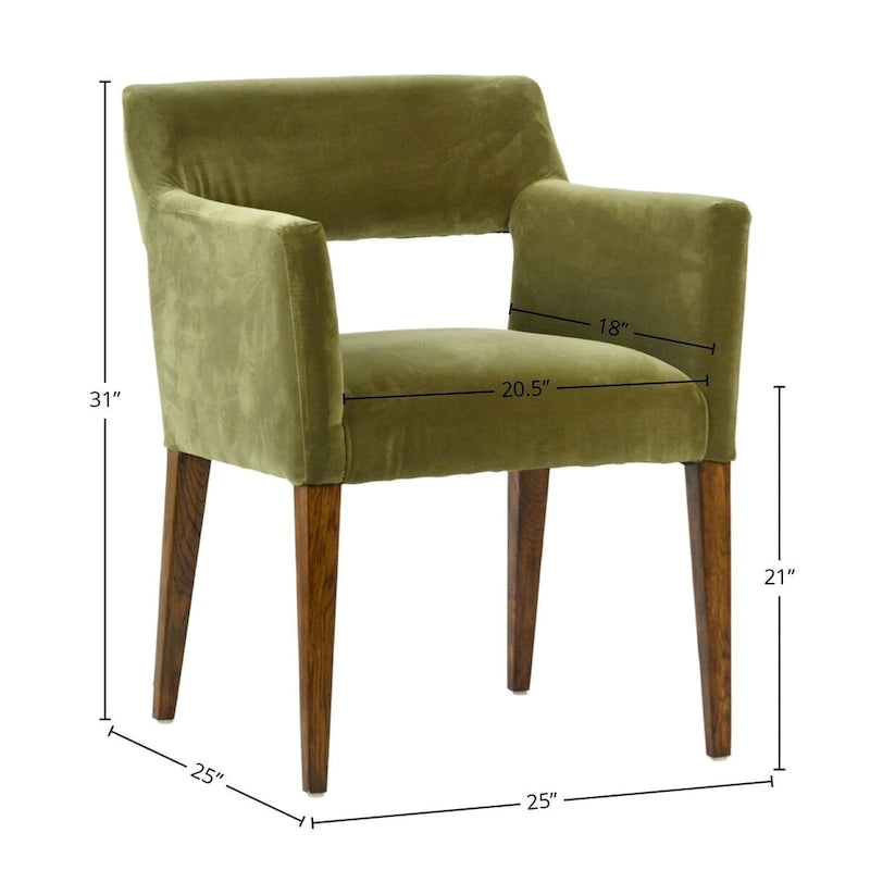 Chaise de salle à manger capitonnée en velours avec accoudoirs et pieds en chêne, vert olive