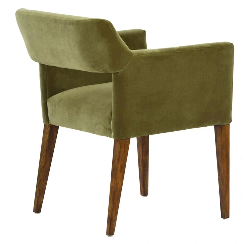 Chaise de salle à manger capitonnée en velours avec accoudoirs et pieds en chêne, vert olive