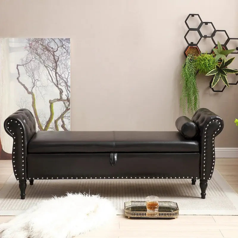 Banc de rangement ottoman en similicuir rembourré avec accoudoirs roulés, marron-noir