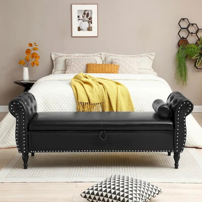 Banc de rangement ottoman en similicuir rembourré avec accoudoirs roulés, marron-noir
