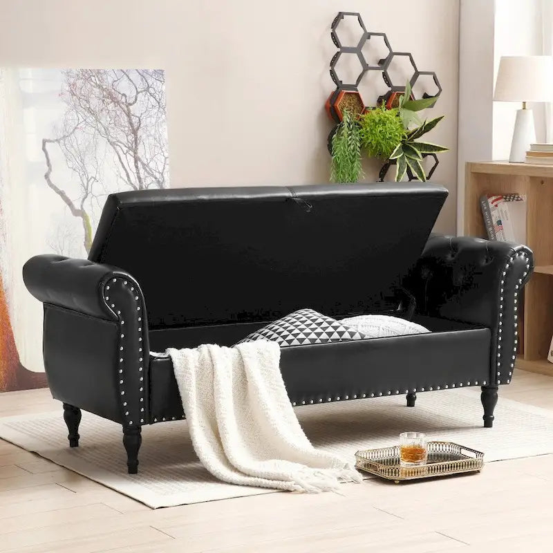 Banc de rangement ottoman en similicuir rembourré avec accoudoirs roulés, marron-noir