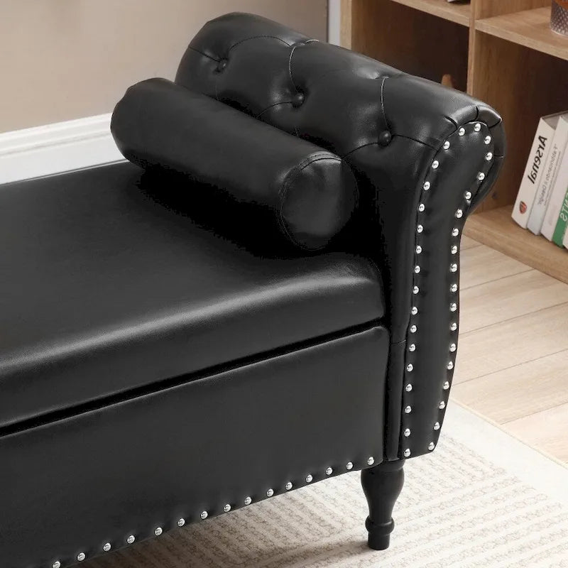 Banc de rangement ottoman en similicuir rembourré avec accoudoirs roulés, marron-noir