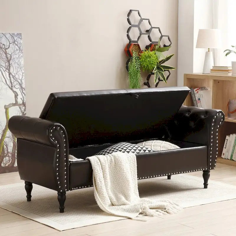 Banc de rangement ottoman en similicuir rembourré avec accoudoirs roulés, marron-noir