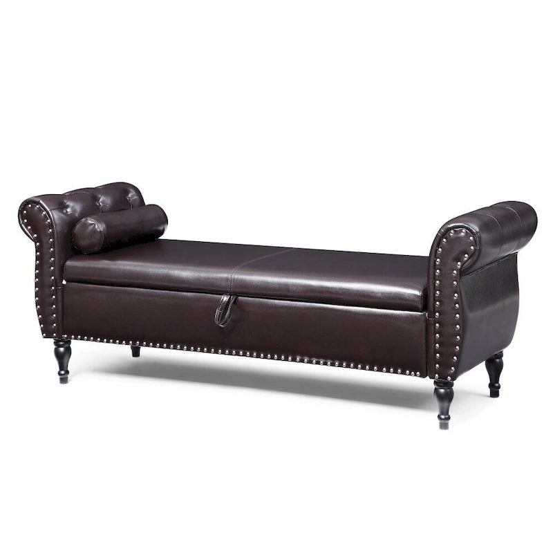 Banc de rangement ottoman en similicuir rembourré avec accoudoirs roulés, marron-noir