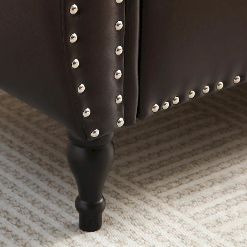 Banc de rangement ottoman en similicuir rembourré avec accoudoirs roulés, marron-noir