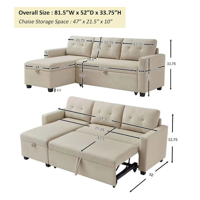 Canapé convertible d'angle rembourré avec coussins réglables et rangement intégré