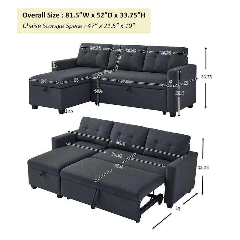 Canapé convertible d'angle rembourré avec coussins réglables et rangement intégré